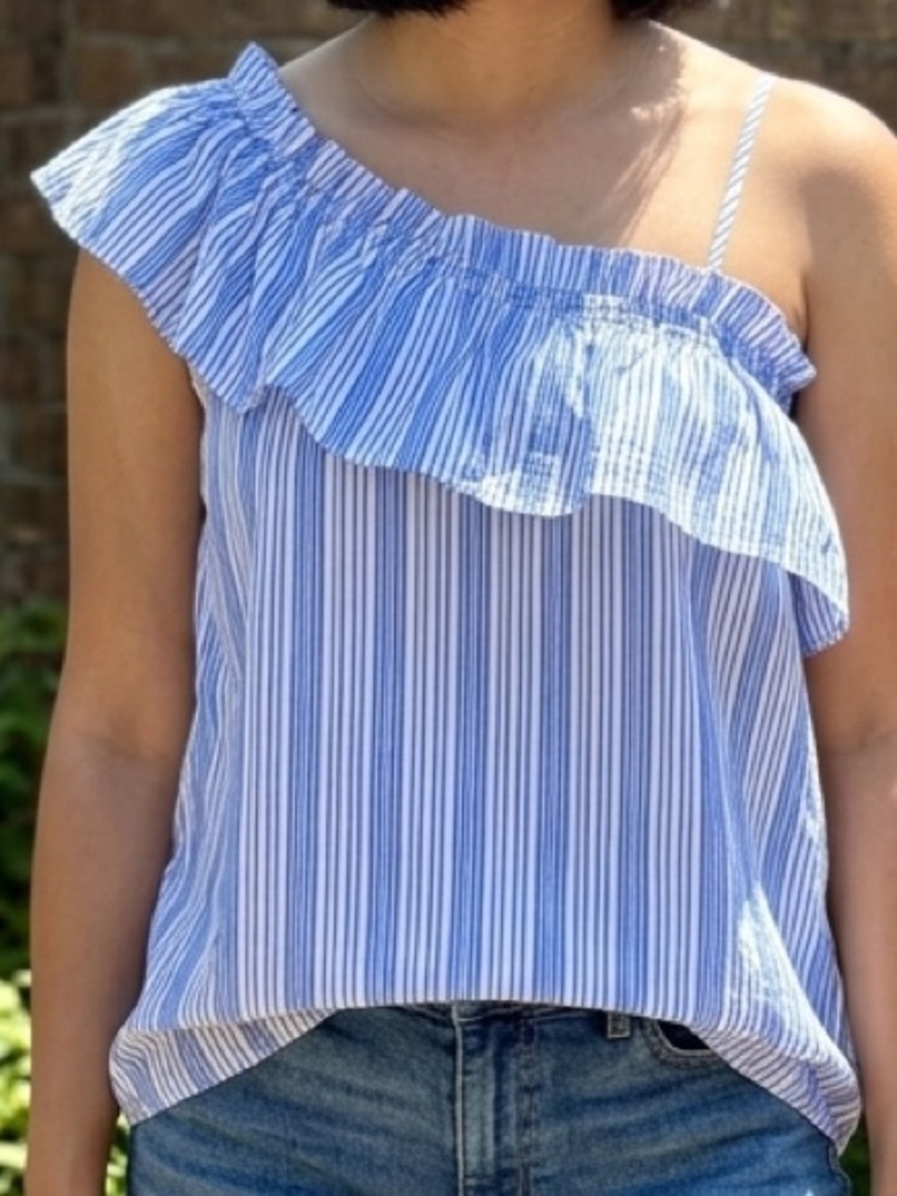 Sweet Wanderer Blue White Striped 1 Shoulder Ruffle Top Sz Large Rayon Boho EUC